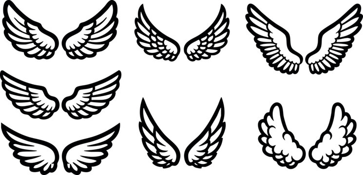 Black and white angel wings set vector with different feather styles for design and decoration purposes