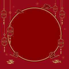 Chinese New Year circular frame background with traditional Chinese elements such as hanging lanterns, auspicious clouds, and gold decorative lines on red background.