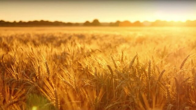 Sun-Drenched Wheat Details Medium shot, low angle, focusing on the texture of individual wheat stalks, backlit by the sun, featuring an organic lens flare. summ