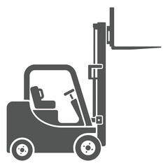 Simple black and white illustration of a forklift truck showcasing its basic structural components © ArtBySalea07