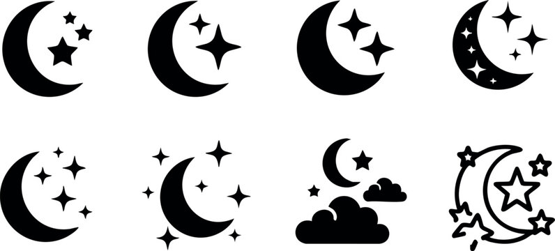 Black crescent moon and stars vector icons with night sky design collection