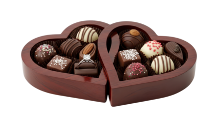 Heart-shaped dark wood box of assorted gourmet chocolates with engagement ring isolated PNG with Transparent Background