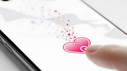 Fingertip taps a glowing pink heart icon, sending sparkling stars across a smartphone screen.