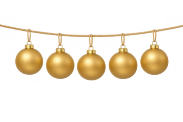 Golden christmas ornaments hanging on a rope garland, creating festive holiday decoration with transparent background