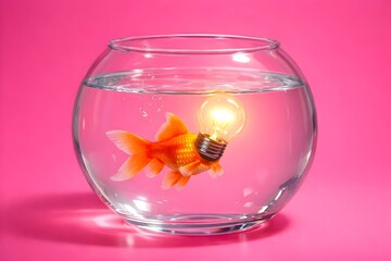 Goldfish with Glowing Lightbulb Head in Bowl