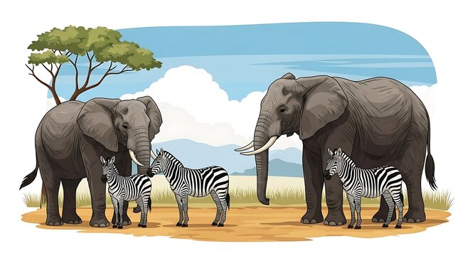 African Elephants and Zebras in Savanna Landscape.