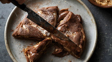 Rich chocolate brownies being cut into fudgy squares high-resolution photo