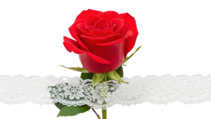 Single Red Rose with White Lace Garter isolated PNG with Transparent Background
