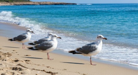 Fototapeta premium Seagulls stand lined up on tan sand beach with blue ocean backdrop
