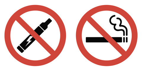 Red Prohibition Symbols Over Smoking Cigarette and Vape, universal black and white icon, no smoking, no vaping, restricted area warning vector illustration. © Ayat 03