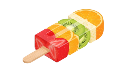 Tropical Fruit Popsicle Cubes: Refreshing Strawberry, Orange, and Kiwi Ice Lolly Illustration on Black