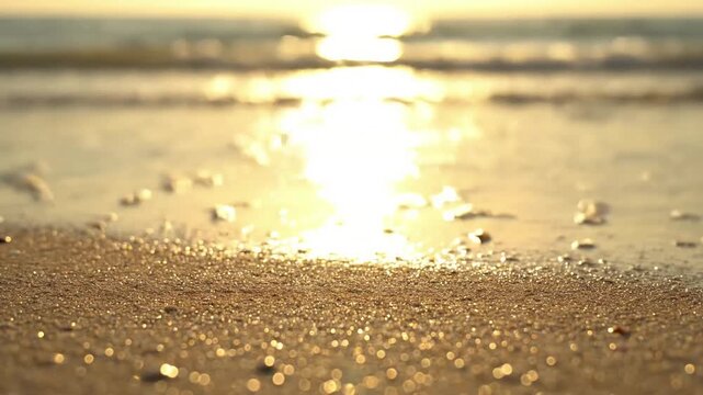 Gentle waves retreating, leaving behind a wet, reflective surface with sun glints Low angle, capturing the interplay of water, sand, and sunlight summer beach s