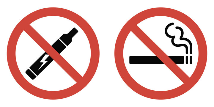 Red Prohibition Symbols Over Smoking Cigarette and Vape, universal black and white icon, no smoking, no vaping, restricted area warning vector illustration.