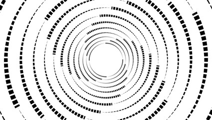 Abstract black and white spiral background featuring a digital circular motion pattern with halftone dots and flowing curve lines in a creative vector art texture backdrop