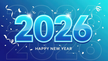 Happy new year 2026 greeting with vibrant blue glossy numbers and confetti on a gradient blue background