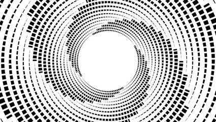 Abstract black and white circular halftone pattern background with geometric dot texture and tunnel effect