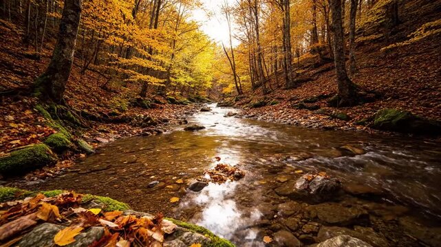Wide Autumn Breeze Swirl Wide shot of a woodland path or open clearing covered in autumn leaves, with a large, gentle swirl of leaves being lifted and carried b