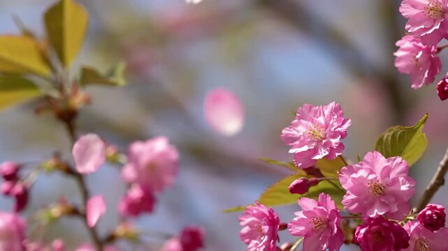 Serene Spring Landscape Wide shot of a peaceful spring scene with a gentle wind carrying delicate flower petals across a verdant meadow or a calm pond surface,