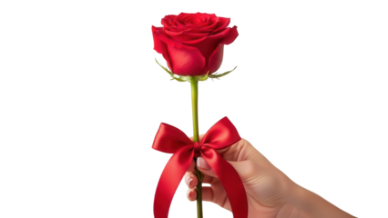 Hand Holding Single Red Rose with Satin Ribbon Bow isolated PNG with Transparent Background