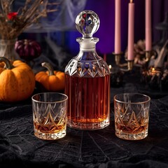 Halloween Whiskey Decanter Still Life with Crystal Glasses, Pumpkins, and Candlelight
