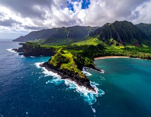 Aerial view of a lush green coastal mountain range next to a turquoise ocean