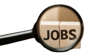 Job search and recruitment concept with magnifying glass focusing on wooden blocks spelling JOBS, representing career opportunities, hiring, employment market analysis, HR search and talent acquisitio