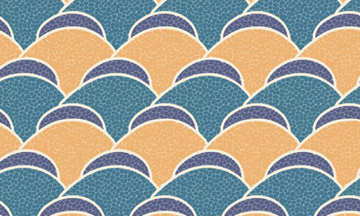 Seamless retro scallop pattern, Abstract dark blue and orange fish scale background, Stippled geometric hill texture design