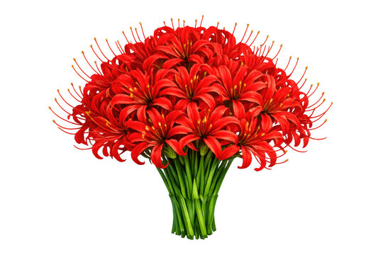 Red spider lily bouquet (lycoris radiata) with vibrant petals, a symbol of autumn, memory, and the afterlife on transparent background