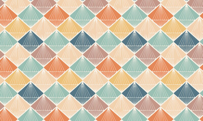 Seamless retro art deco pattern, Colorful diamond background with sunburst fan ornament, Vintage 1920s geometric textile design