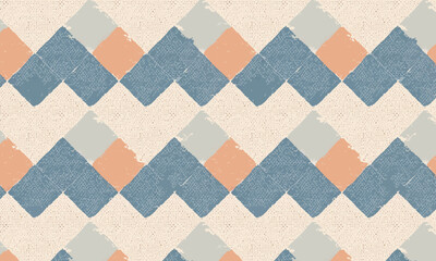 Seamless retro chevron pattern, Abstract blue and peach brush stroke zigzag background, Textured geometric textile design
