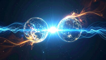 Abstract representation of two glowing spheres colliding with energy waves.