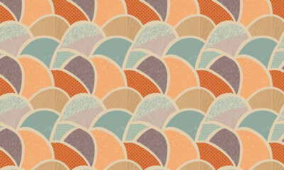 Seamless abstract retro landscape pattern, Colorful overlapping hills and scales background, 1970s style grunge geometric textile design