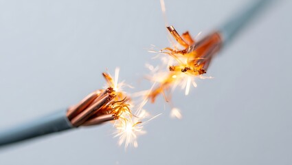 Close-up electrical cable fire with sparks and smoke on dark background, showing dangerous short circuit, overheating wires, industrial power failure, safety risk, emergency hazard scenario.