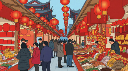 Naklejka premium Vector illustration : traditional chinese street market, chinatown, hanging red lanterns, festive stalls, people shopping - Chinese New Year celebration, Lunar, spring festival, Beijing China travel