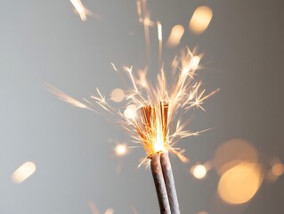 Close-up electrical cable fire with sparks and smoke on dark background, showing dangerous short circuit, overheating wires, industrial power failure, safety risk, emergency hazard scenario.