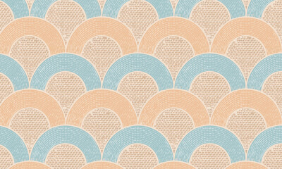 Seamless retro scallop pattern, Grunge textured fish scale background, Pastel blue and peach geometric mermaid tail design