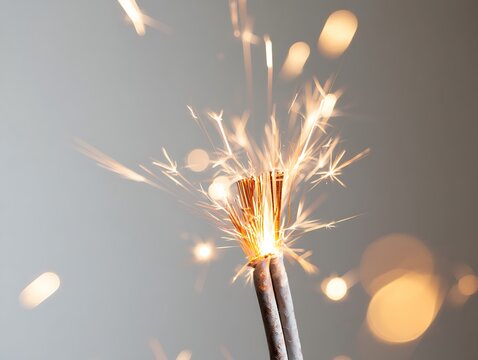 Close-up electrical cable fire with sparks and smoke on dark background, showing dangerous short circuit, overheating wires, industrial power failure, safety risk, emergency hazard scenario. - Powered by Adobe