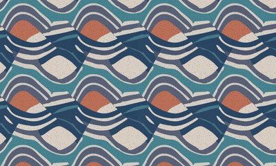 Seamless abstract retro wave pattern, Navy blue and orange curved ribbon background, Modern 1970s style psychedelic textile design