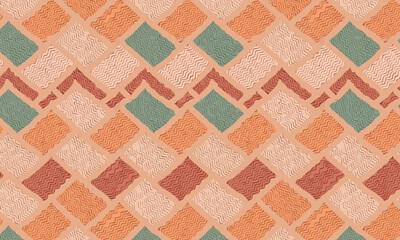 Seamless ethnic geometric tile pattern, Textured terracotta and green tribal zigzag background., Boho chic rug design with grunge texture