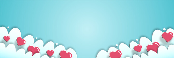 blue sky valentines day banner with white clouds and floating pink hearts