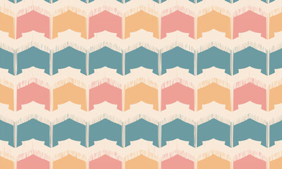 Seamless retro ikat chevron pattern, Colorful boho zigzag and arrow background with fringe texture, Ethnic tribal textile design