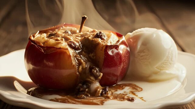 Hot baked apple with ice cream and cinnamon sauce