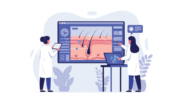 Professional dermatologists analyze microscopic skin structure and hair follicles on a large digital screen in a modern medical lab.