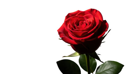 Fototapeta premium Vibrant Red Rose with Green Leaves isolated PNG with Transparent Background