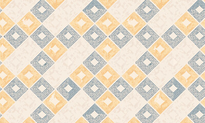 Seamless geometric diamond tile pattern, Retro blue and yellow rhombus mosaic background, Mid century modern floor texture design