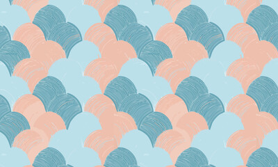 Seamless abstract hand painted scallop pattern, Blue and peach brush stroke fish scale background, Acrylic textured mermaid tail design