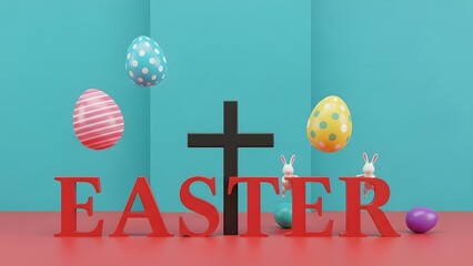 Easter celebration with cross and decorated eggs