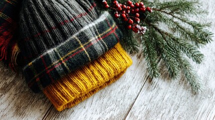 Two folded woolen hats rest beside evergreen boughs and bright berries upon weathered wooden planks