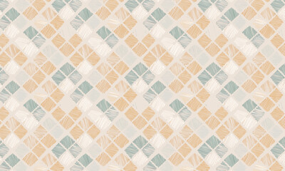 Seamless geometric mosaic tile pattern, Soft beige and blue square texture background, Minimalist retro kitchen or bathroom floor design