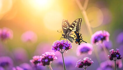 Close-up of a beautiful butterfly resting on a vibrant purple flower during golden hour.